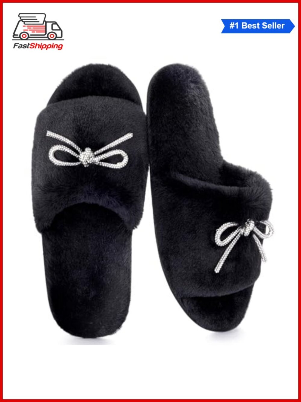✨ Fuzzy Open Toe House Slippers with Rhinestone Bow